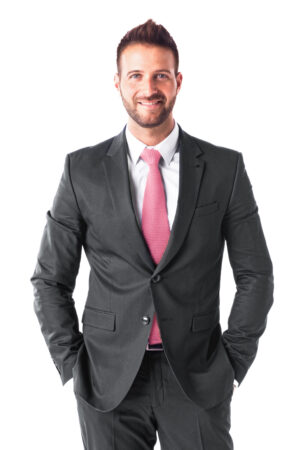 man modeling the steel grey aspen suit rental by national tuxedo rentals