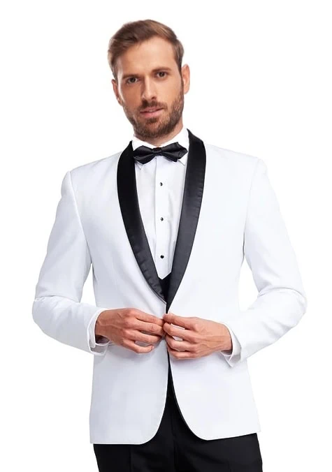 A model poses wearing the White London Shawl tuxedo rental.